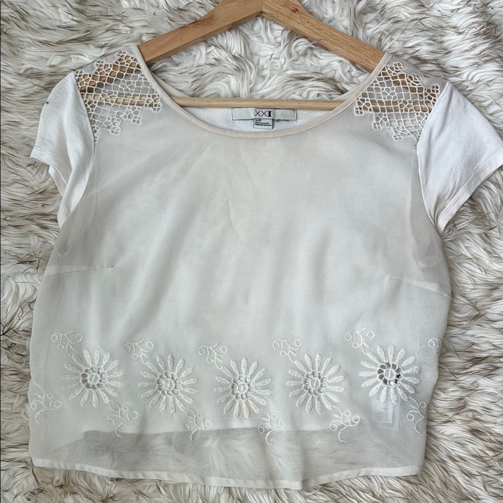 Cream Sheer Embroidered Crop Top